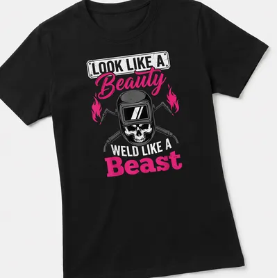 Bold graphic shirt featuring a skull and the text about beauty and welding — printed on a women's shirt
