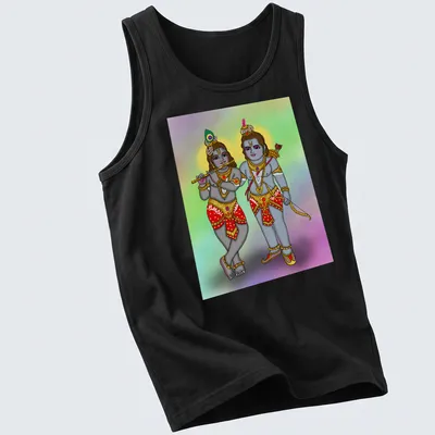 Colorful illustration of Hindu gods Lord Rama and Krishna on — printed on a tank top