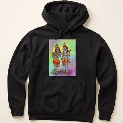 Colorful illustration of Hindu gods Lord Rama and Krishna on — printed on a unisex hoodie