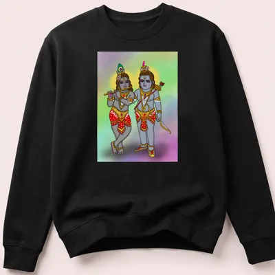 Colorful illustration of Hindu gods Lord Rama and Krishna on — printed on a unisex sweatshirt