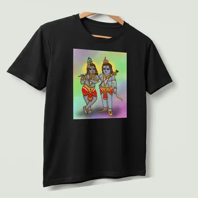 Colorful illustration of Hindu gods Lord Rama and Krishna on — printed on a unisex t-shirt (angled view)