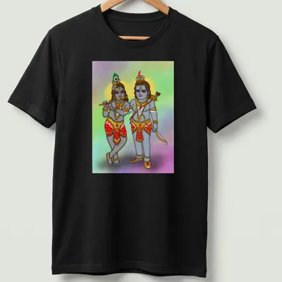 Colorful illustration of Hindu gods Lord Rama and Krishna on T-shirt
