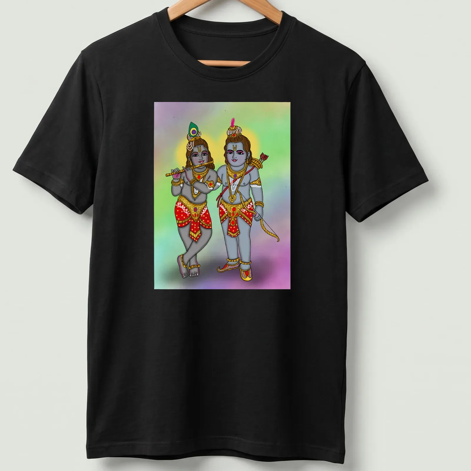 Colorful illustration of Hindu gods Lord Rama and Krishna on — printed on a unisex t-shirt
