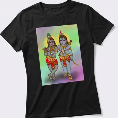 Colorful illustration of Hindu gods Lord Rama and Krishna on — printed on a women's shirt