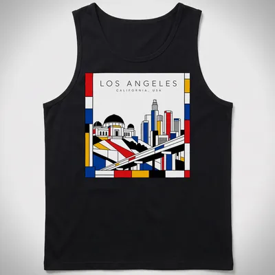 Mondrian style Los Angeles cityscape t-shirt with bold colors — printed on a tank top