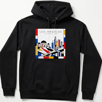 Mondrian style Los Angeles cityscape t-shirt with bold colors — printed on a unisex hoodie