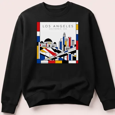 Mondrian style Los Angeles cityscape t-shirt with bold colors — printed on a unisex sweatshirt