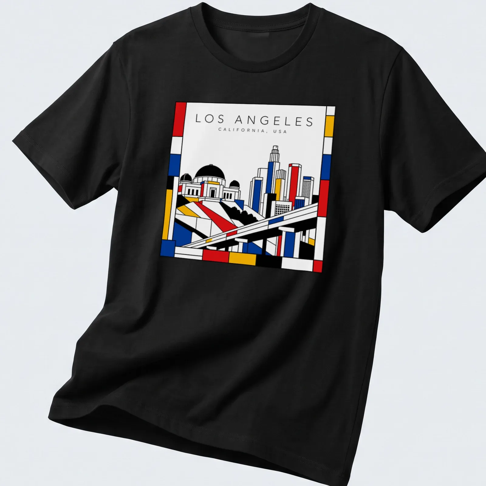 Mondrian style Los Angeles cityscape t-shirt with bold colors — printed on a unisex t-shirt