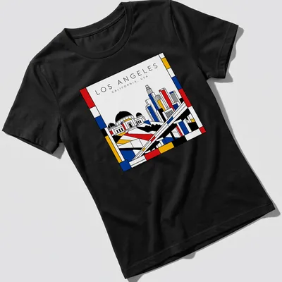 Mondrian style Los Angeles cityscape t-shirt with bold colors — printed on a women's shirt