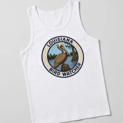 Detailed patch design of a Brown Pelican with Louisiana Bird Watcher text — printed on a tank top