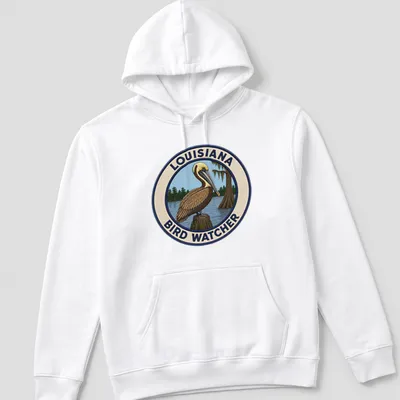 Detailed patch design of a Brown Pelican with Louisiana Bird Watcher text — printed on a unisex hoodie