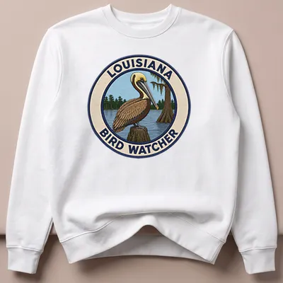 Detailed patch design of a Brown Pelican with Louisiana Bird Watcher text — printed on a unisex sweatshirt