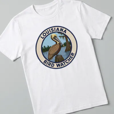 Detailed patch design of a Brown Pelican with Louisiana Bird Watcher text