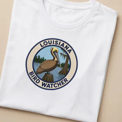 Detailed patch design of a Brown Pelican with Louisiana Bird Watcher text — printed on a women's shirt