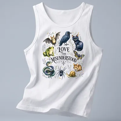 Illustration of a bat, frog, raven, cat, moth, spider, and snake with the text Love The Misunderstood — printed on a tank top