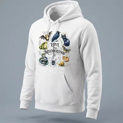 Illustration of a bat, frog, raven, cat, moth, spider, and snake with the text Love The Misunderstood — printed on a unisex hoodie