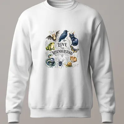 Illustration of a bat, frog, raven, cat, moth, spider, and snake with the text Love The Misunderstood — printed on a unisex sweatshirt