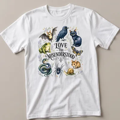 Illustration of a bat, frog, raven, cat, moth, spider, and snake with the text Love The Misunderstood