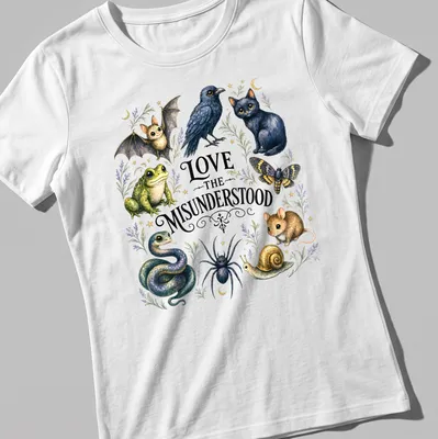 Illustration of a bat, frog, raven, cat, moth, spider, and snake with the text Love The Misunderstood — printed on a women's shirt