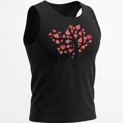Modern illustrated T-shirt with a tree and colorful hearts spelling love — printed on a tank top