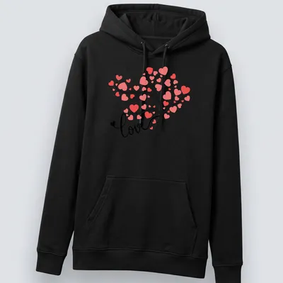 Modern illustrated T-shirt with a tree and colorful hearts spelling love — printed on a unisex hoodie