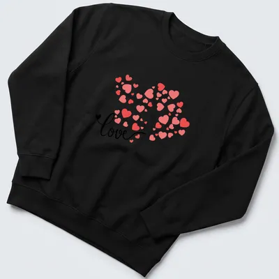 Modern illustrated T-shirt with a tree and colorful hearts spelling love — printed on a unisex sweatshirt