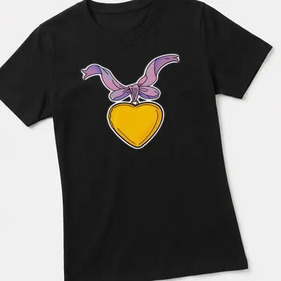 Colorful cartoon heart locket with ribbon and Taurus-themed text — printed on a women's shirt