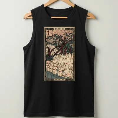 Japanese woodblock print of Lucky Cats with 招き猫図 text above — printed on a tank top