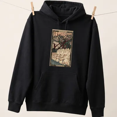 Japanese woodblock print of Lucky Cats with 招き猫図 text above — printed on a unisex hoodie