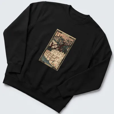 Japanese woodblock print of Lucky Cats with 招き猫図 text above — printed on a unisex sweatshirt