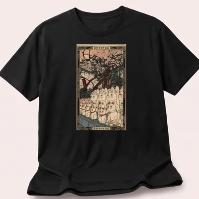 Japanese woodblock print of Lucky Cats with 招き猫図 text above — printed on a unisex t-shirt