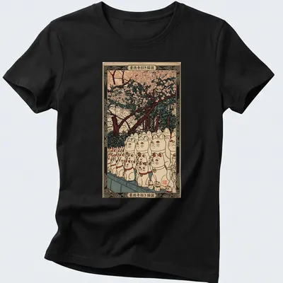 Japanese woodblock print of Lucky Cats with 招き猫図 text above — printed on a women's shirt