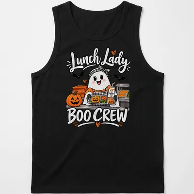 Cute ghost lunch lady design with Halloween-themed text in orange, black, white, and green — printed on a tank top