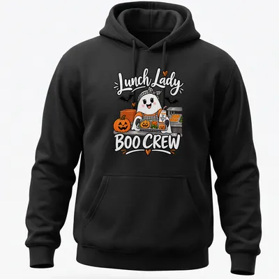 Cute ghost lunch lady design with Halloween-themed text in orange, black, white, and green — printed on a unisex hoodie