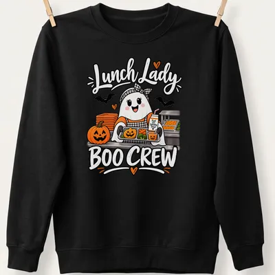 Cute ghost lunch lady design with Halloween-themed text in orange, black, white, and green — printed on a unisex sweatshirt