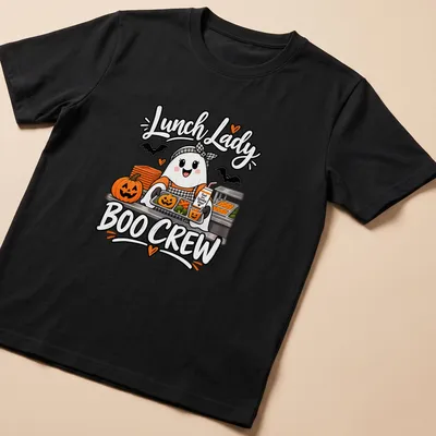 Cute ghost lunch lady design with Halloween-themed text in orange, black, white, and green — printed on a unisex t-shirt