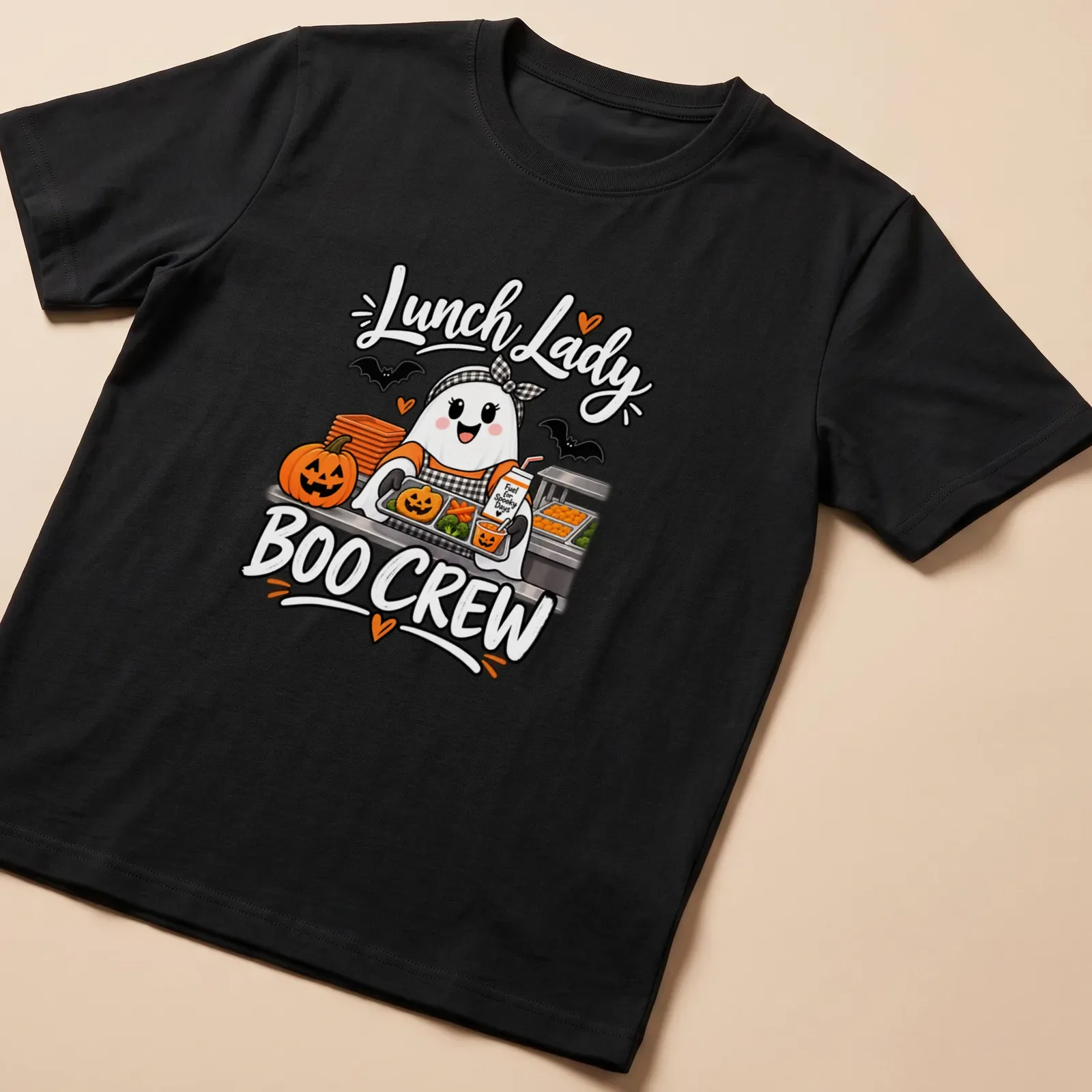 Cute ghost lunch lady design with Halloween-themed text in orange, black, white, and green — printed on a unisex t-shirt