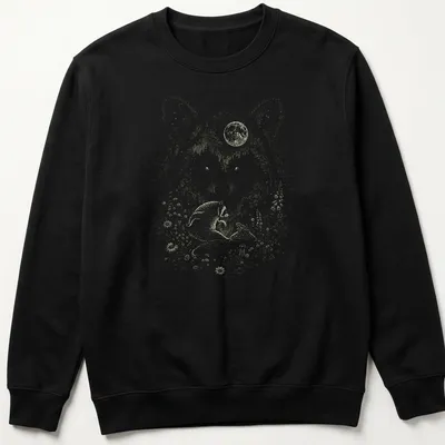 Raccoon under a magic moon in forest fantasy style with vibrant colors — printed on a unisex sweatshirt
