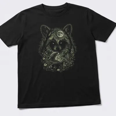 Raccoon under a magic moon in forest fantasy style with vibrant colors