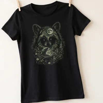 Raccoon under a magic moon in forest fantasy style with vibrant colors — printed on a women's shirt
