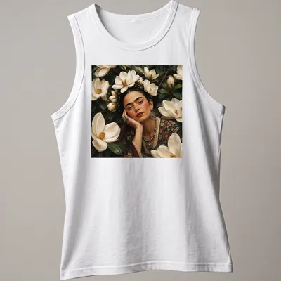 Photographic portrait of a woman with floral headpiece and text saying Magnolia Flowers — printed on a tank top