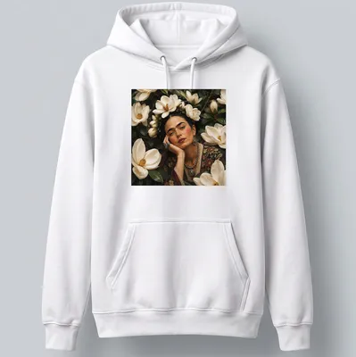 Photographic portrait of a woman with floral headpiece and text saying Magnolia Flowers — printed on a unisex hoodie