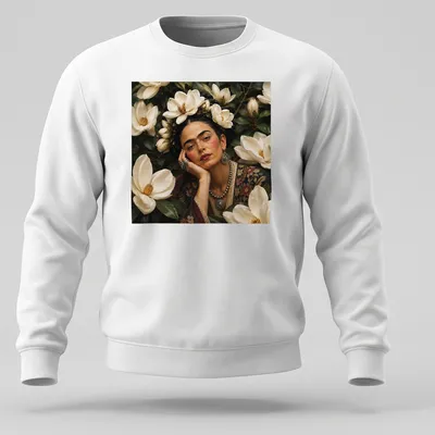 Photographic portrait of a woman with floral headpiece and text saying Magnolia Flowers — printed on a unisex sweatshirt