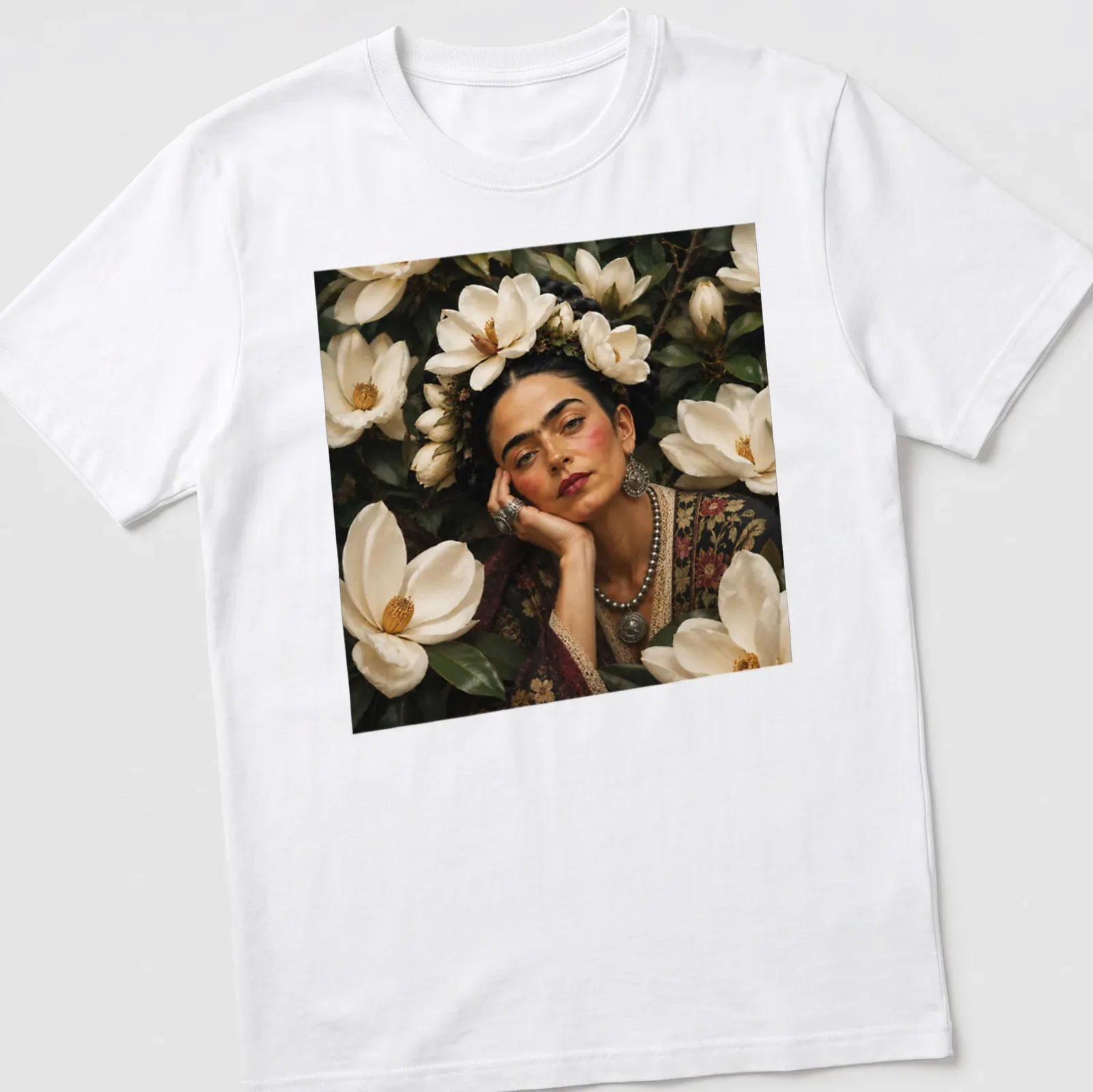 Photographic portrait of a woman with floral headpiece and text saying Magnolia Flowers — printed on a unisex t-shirt
