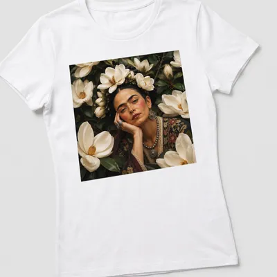 Photographic portrait of a woman with floral headpiece and text saying Magnolia Flowers — printed on a women's shirt