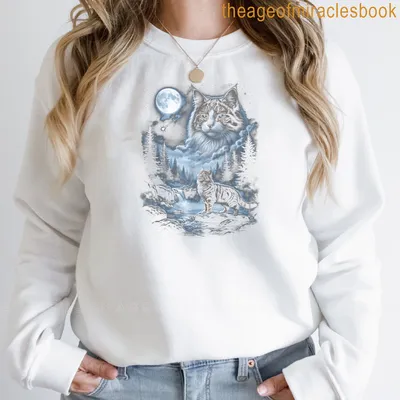 Realistic Maine Coon cat gazing at a full moon in shades of blue, white, and gray. — printed on a sweatshirt