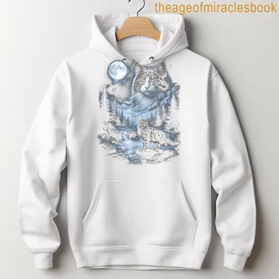 Realistic Maine Coon cat gazing at a full moon in shades of blue, white, and gray. — printed on a unisex hoodie