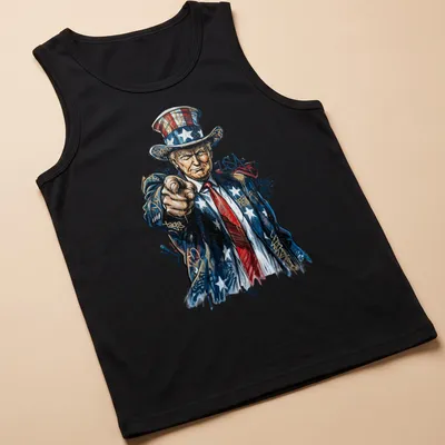 Graffiti-style shirt featuring Uncle Sam Trump with the text MAKE ART — printed on a tank top