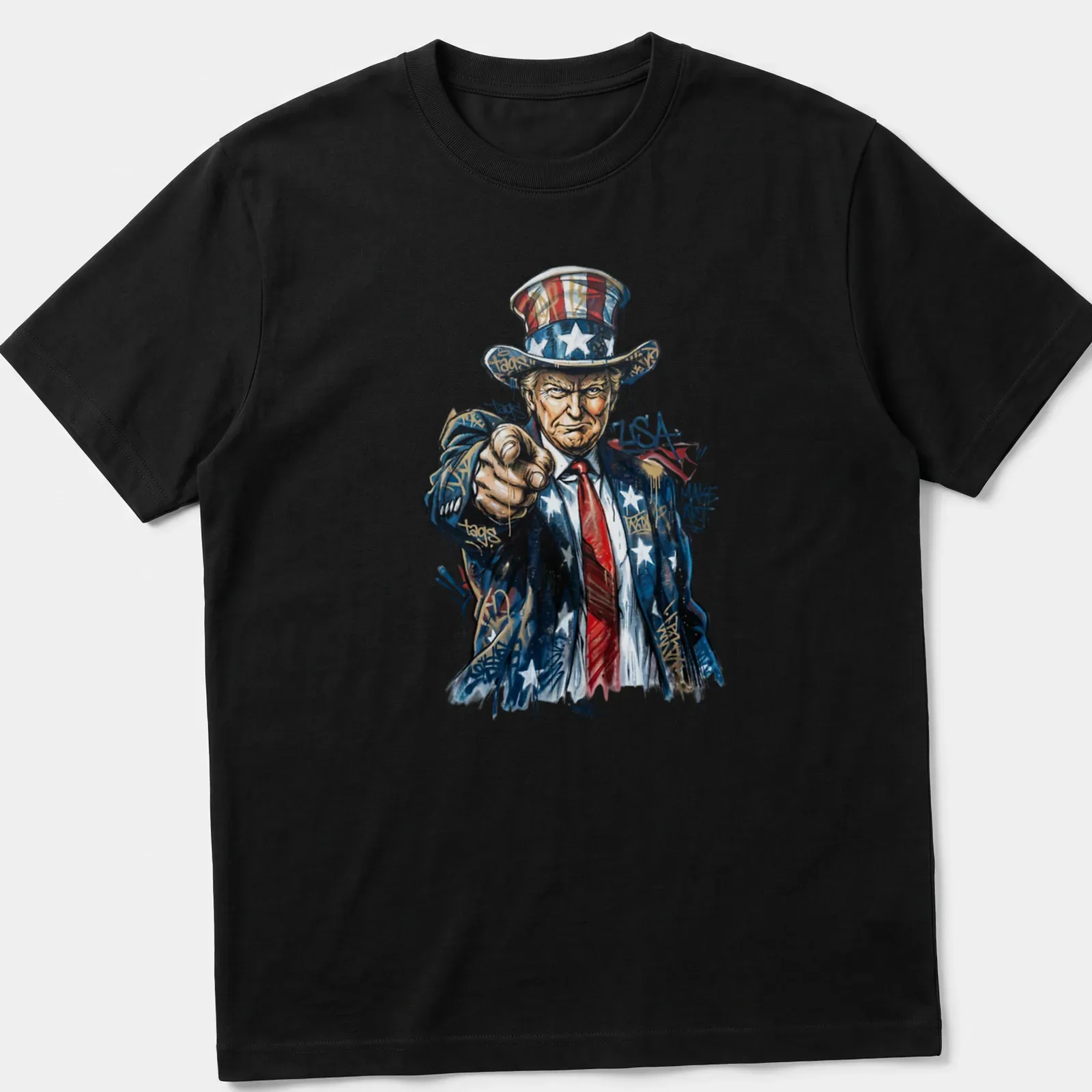 Graffiti-style shirt featuring Uncle Sam Trump with the text MAKE ART — printed on a unisex t-shirt