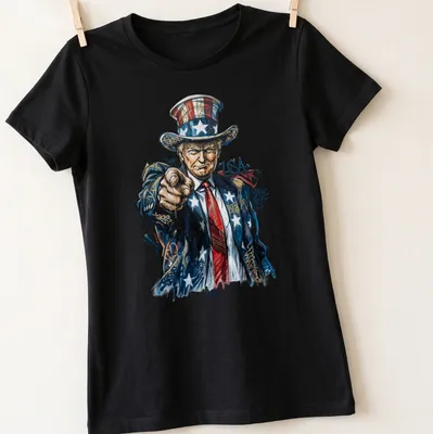 Graffiti-style shirt featuring Uncle Sam Trump with the text MAKE ART — printed on a women's shirt